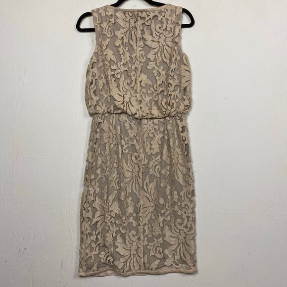 Tadashi Shoji Women's Lace Overlay Blouson Cocktail Dress Taupe Sand Size 4 - Picture 4 of 12